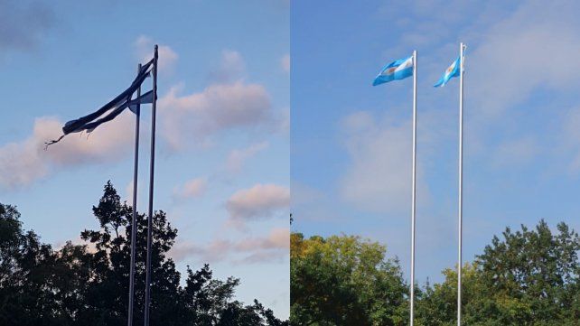 Antes y después. Las banderas destrozadas fueron reemplazadas.