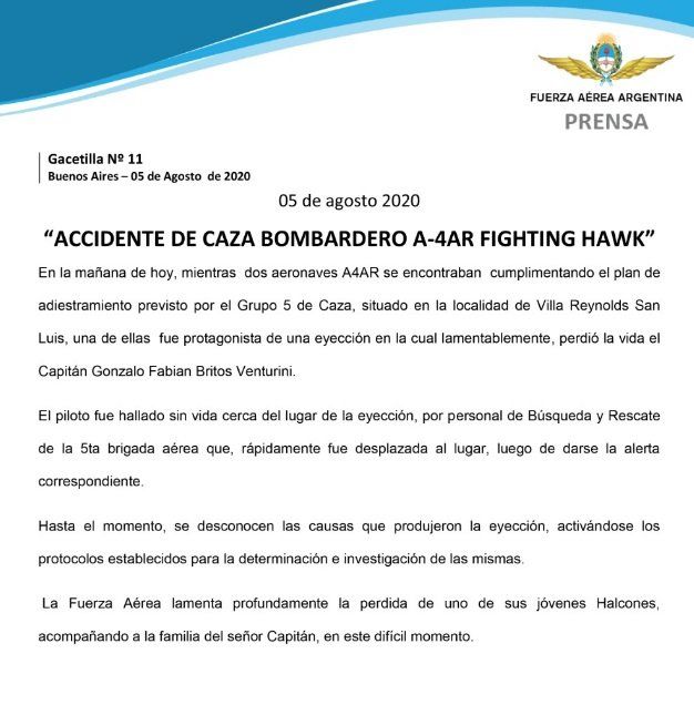 Piloto de Paraná murió tras eyectarse de su avión en Córdoba