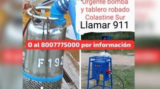 La foto de los elementos robados, la bomba y el tablero, con el pedido de información que publicó la propia vecinal en sus redes sociales