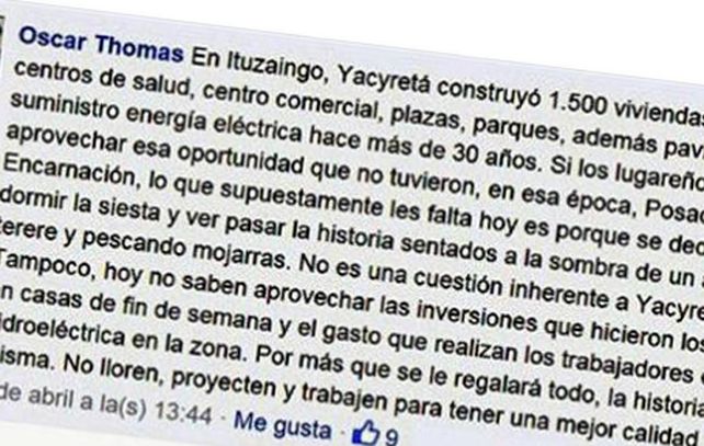 El mensaje que Thomas publicó en su cuenta de Facebook.