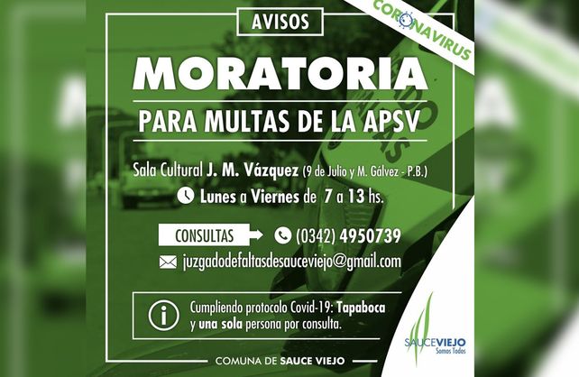 Moratoria para pago de multas de tránsito en Sauce Viejo