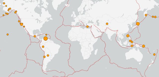 El mapa muestra los terremotos más poderosos registrados en las 24 horas anteriores al sismo venezolano. El tamaño de cada círculo representa la intensidad.
