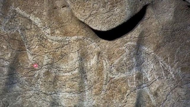 Asombroso. La representación de un caballo en un dibujo raspado en la piedra con herramientas de sílex.