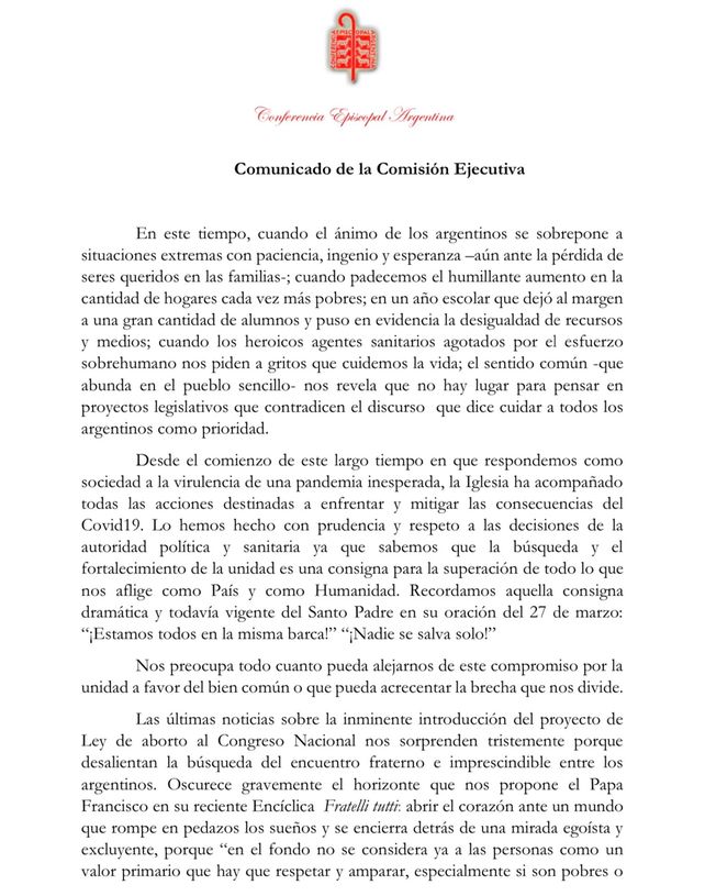 Otro fuerte rechazo de la Iglesia al intento del gobierno de legalizar el aborto