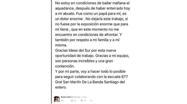 Barbie Vélez renunció al Bailando por la muerte de su abuelo