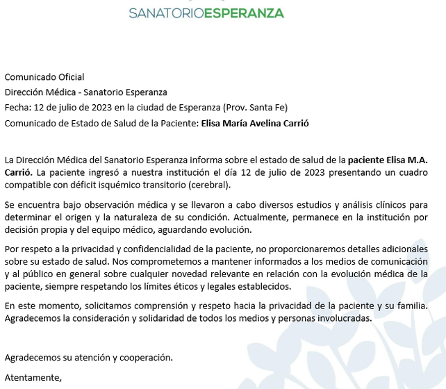 Elisa Carrió sufrió un cuadro isquémico transitorio