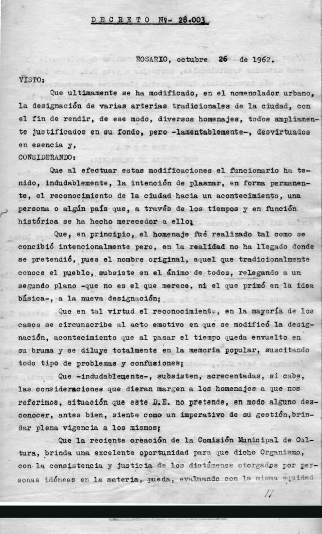Fragmento del decreto que le restituye el nombre de Ayolas al tramo de barrio Tablada. 