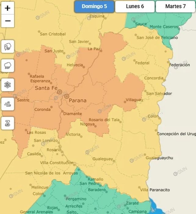 Rige un alerta meteorológico naranja por tormentas fuertes para una parte de Entre Ríos. Pronóstico extendido del SMN.&nbsp;