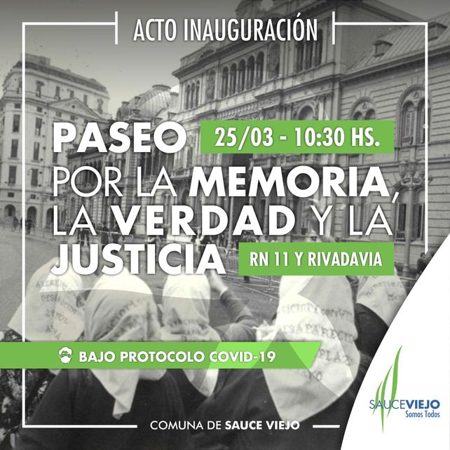 La Comuna de Sauce Viejo invita a participar del acto de inauguración del Paseo por la Memoria