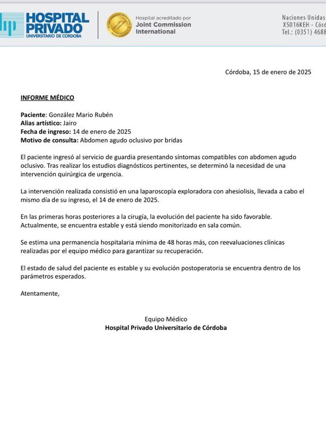 Preocupación por la salud de Jairo: fue operado de urgencia en Córdoba