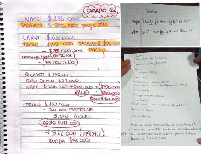 Parte de los cuadernos con nombres y cifras que delatan el negocio narco de la banda.