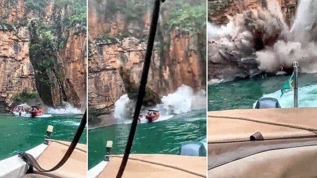 Momento del derrumbe de la roca que cae sobre las lanchas que paseaban por el lago de Mina Gerais.