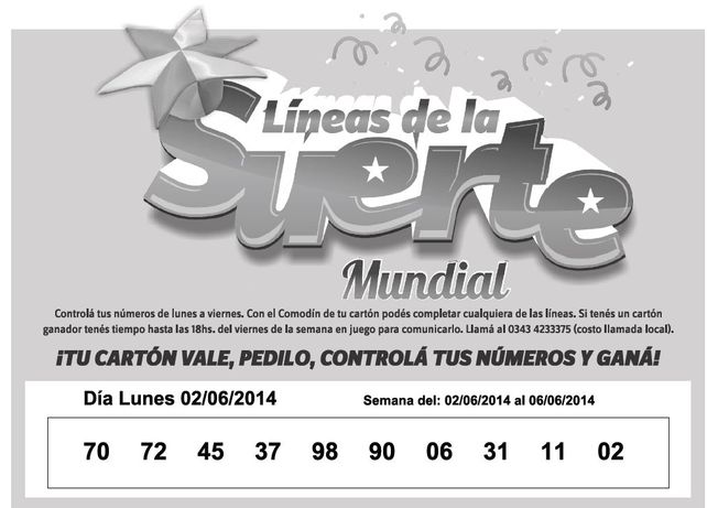 Números que corresponden al LUNES 2 de Junio.