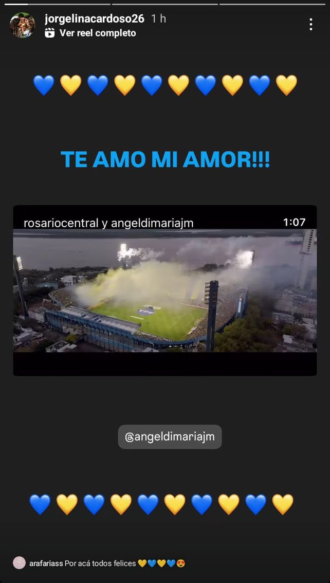 Jorgelina Cardoso, esposa de Ángel Di María, le dio difusión de inmediato al posteo que hizo Central.