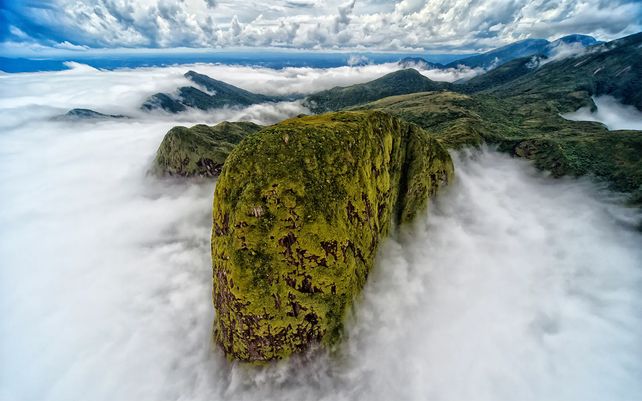 En un vuelo en helicóptero por la cordillera del mar, me encontré con esta capa de nubes blancas, que resultó en esta magnífica imagen que se asemeja a la cabeza de un dinosaurio