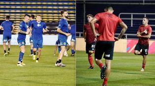 El primero de los equipos en saltar al campo de juego fue Newell’s para realizar los movimientos precompetitivos.