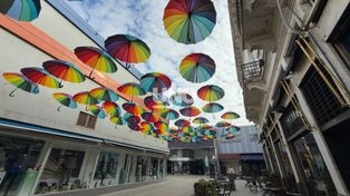 Cielo de paraguas: La Peatonal San Martín luce un techo de paraguas multicolores para embellecer el paseo.