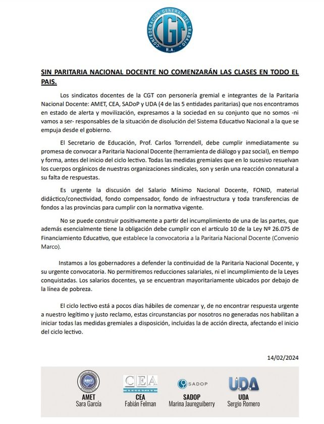 Fuerte advertencia de la CGT: Sin paritaria nacional docente no comenzarán las clases