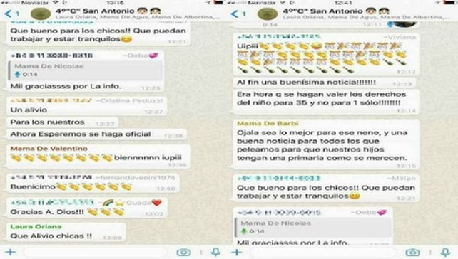 el chat. Captura de pantalla del diálogo del grupo de Whatsapp que integran las mamás.