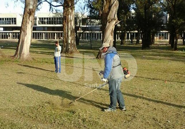 Limpieza. La cuadrilla de la vecinal Del Tránsito continúa con las tareas de desmalezado en el barrio. Ahora el grupo se encuentra en la plaza ubicada en la avenida Blas Parera y calle Beruti.  FOTO DE LECTOR