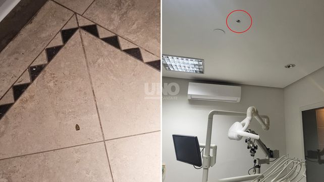 Una ojiva de 9 milímetros perforó el techo de una clínica odontológica en barrio Mariano Comas