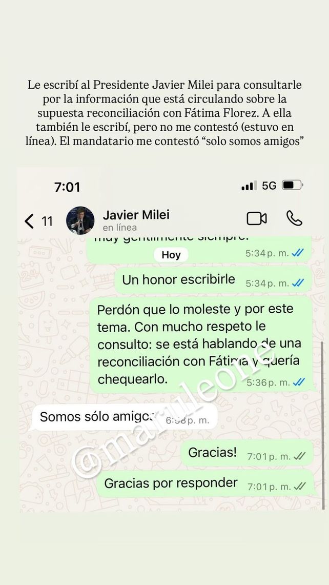 Javier Milei aclaró los rumores sobre una supuesta reconciliación con Fátima Florez