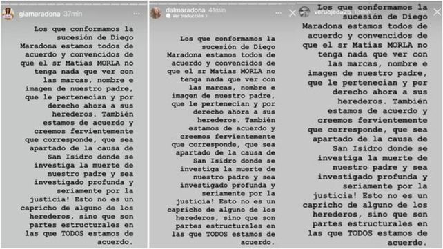 Contra el letrado. Uno de los comunicados que colgó Dalma en las redes con el aval de sus hermanos.