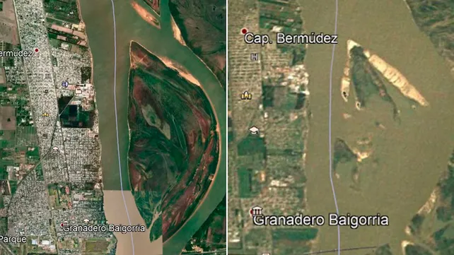 La Isla de los Mástiles con el paso del tiempo. A la izquierda, la isla en 2020, a la derecha una imagen aérea de 1984. 