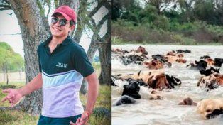 El peón rural acarreaba haciendo por un caudaloso brazo del río Corriente, en la zona de los Esteros del Iberá en Corrientes