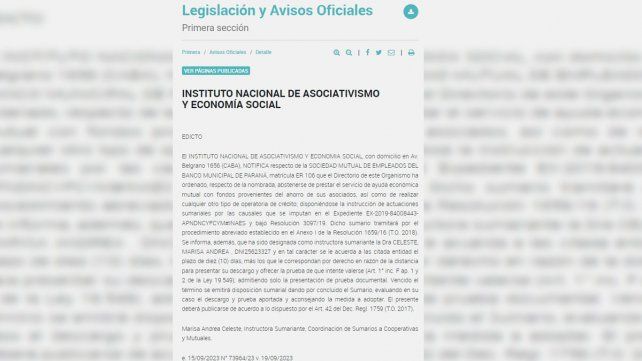 El INAES prohibió a mutual de Paraná a dar préstamos con fondos de asociados.