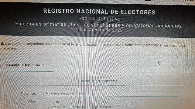 Padrón electoral para las Paso nacionales del 13 de agosto
