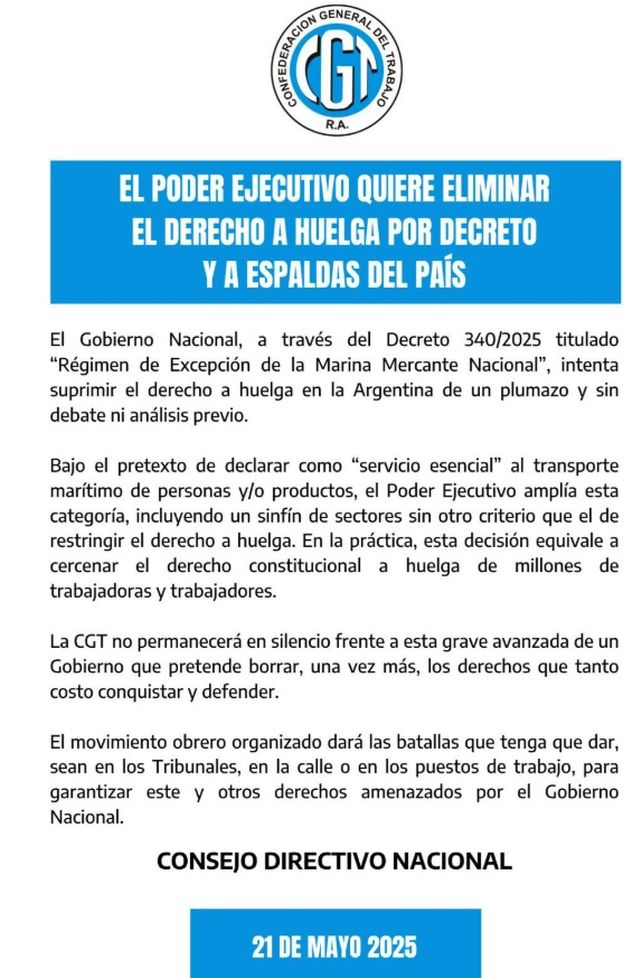 CGT irá a la Justicia por decreto del Gobierno que limita el derecho a huelga