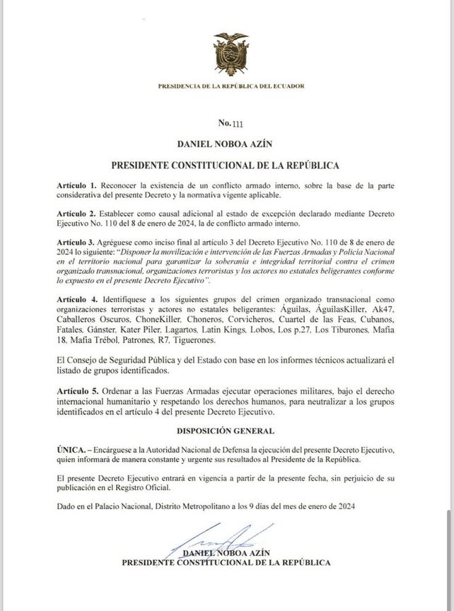 El presidente de Ecuador declara estado de conflicto armado interno y moviliza a los militares