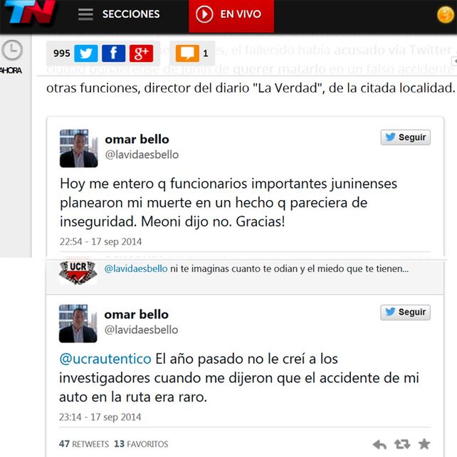 El fallecido había acusado vía Twitter a funcionarios radicales de la ciudad bonaerense de Junín de querer matarlo en un falso accidente vial.