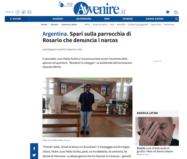 La portada del diario Avvenire que publicó la historia del padre Juan Pablo Núñez.