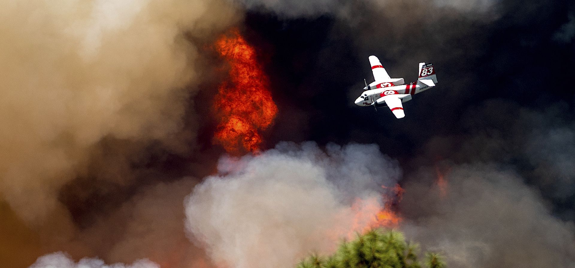 Un avión cisterna vuela entre las llamas mientras lucha contra el incendio de Oak en el condado de Mariposa, California, el domingo 24 de julio de 2022.
