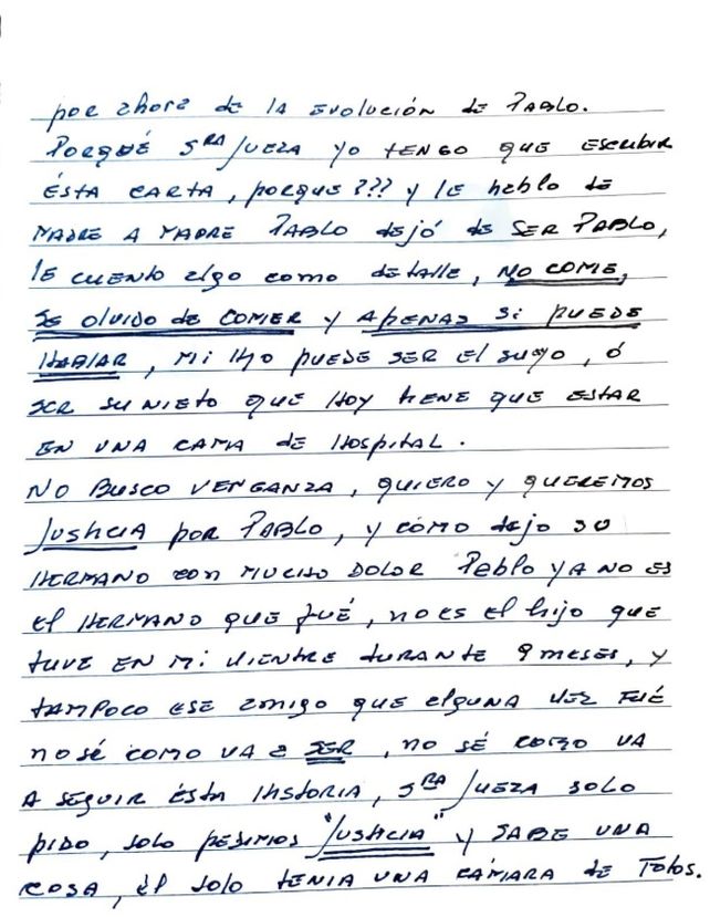 Pablo Grillo: su madre escribió una dura carta a la jueza