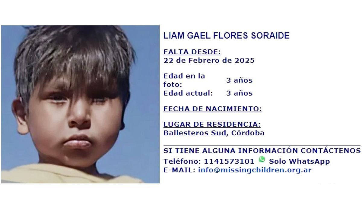 Liam Flores: buscan a niño de 3 años desaparecido en Córdoba