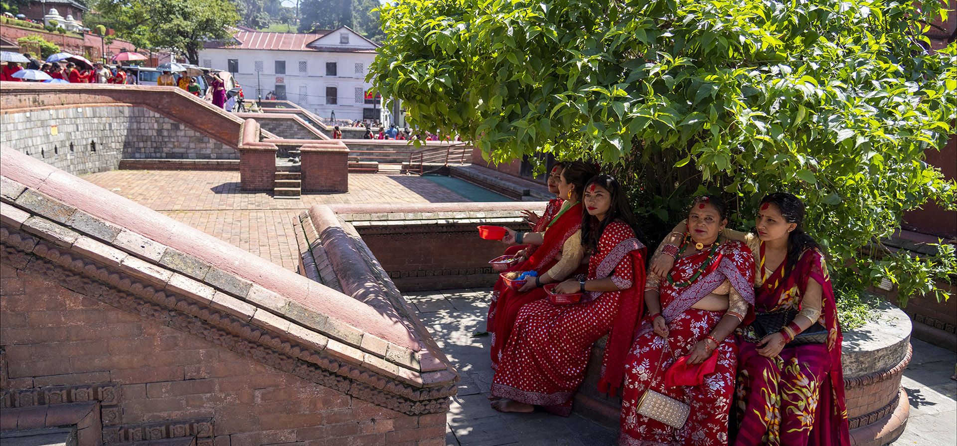 Un grupo de mujeres se refugian bajo la sombra de un árbol mientras celebran el festival Teej en el templo Pashupatinath en Katmandú, Nepal, el lunes 18 de septiembre de 2023. (Foto AP/Niranjan Shrestha) Un grupo de mujeres se refugian bajo la sombra de un árbol mientras celebran el festival Teej en el templo Pashupatinath en Katmandú, Nepal, el lunes 18 de septiembre de 2023. (Foto AP/Niranjan Shrestha)