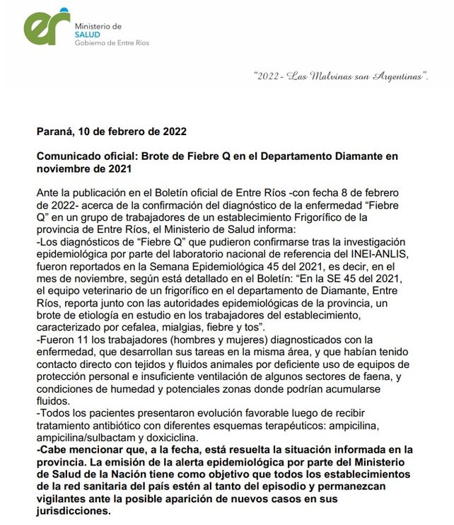 Diamante: las aclaraciones sobre el brote de fiebre Q