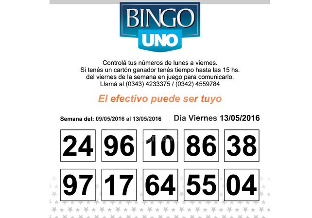 Números del BINGO UNO de la semana del 9 al 13 de Mayo