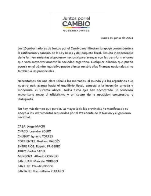 Pullaro y gobernadores de Juntos por el Cambio reclamaron la aprobación de la ley Bases