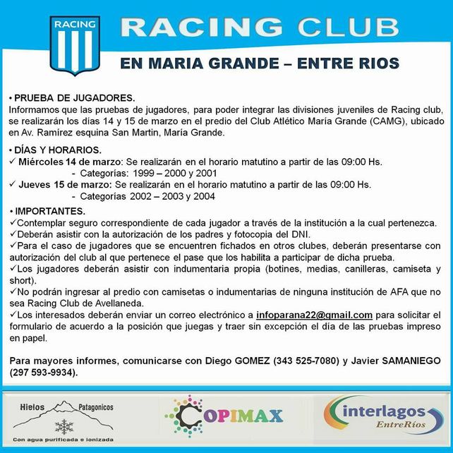 Después de una venta millonaria, Racing viene a buscar jugadores a Paraná Campaña