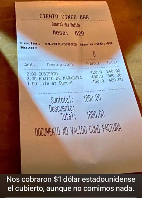 El ticket de la polémica en un bar de Pichincha.