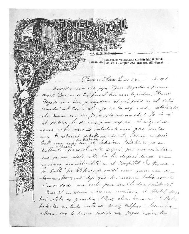 Carta de Emilia Bertolé a su familia, primera carilla, en hoja membretada del Hotel Internacional, Buenos Aires, 24 de abril de 1916.