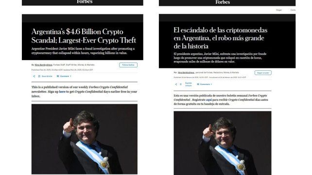La revista de negocios Forbes se refirió en duros términos al caso que involucra al presidente Javier Milei.