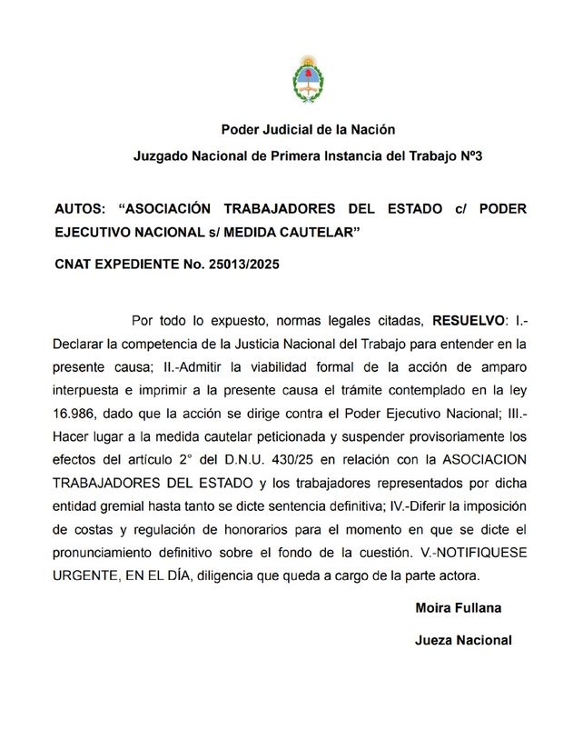 La Justicia suspendió el decreto que eliminaba el feriado por el Día del Trabajador del Estado