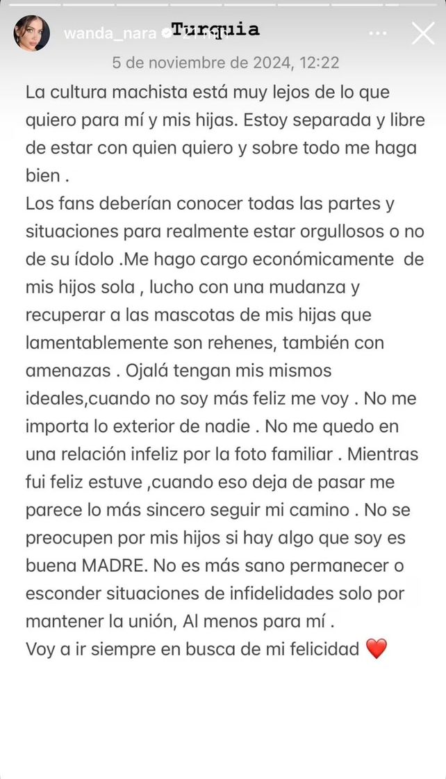 Wanda Nara publicó una historia contra Icardi y a los pocos minutos la eliminó.