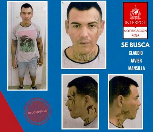 Claudio Morocho Mansilla en el alerta roja emitido por Interpol mientras estaba prófugo tras la fuga de la cárcel de Piñero.