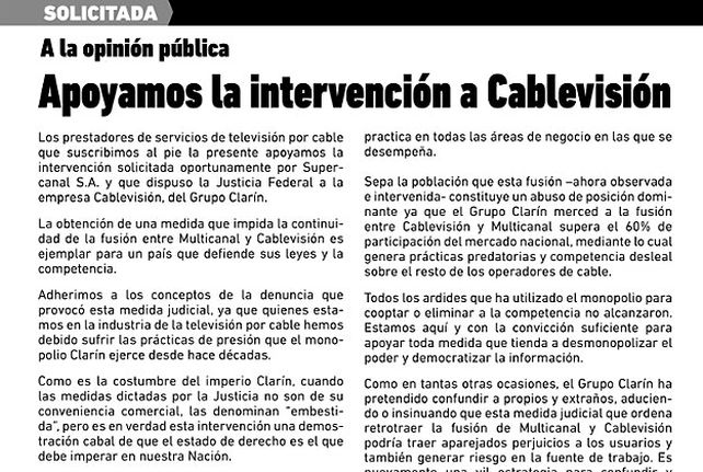 Cables del interior apoyan la intervención a Cablevisión